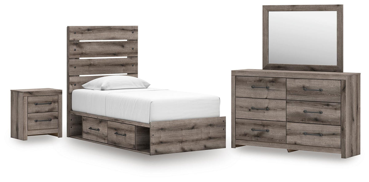 Graystorm Panel Storage Bed, Dresser, Mirror and Nightstand
