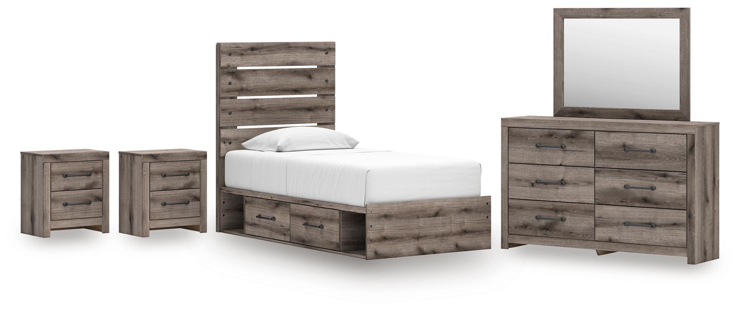 Graystorm Panel Storage Bed, Dresser, Mirror and 2 Nightstands