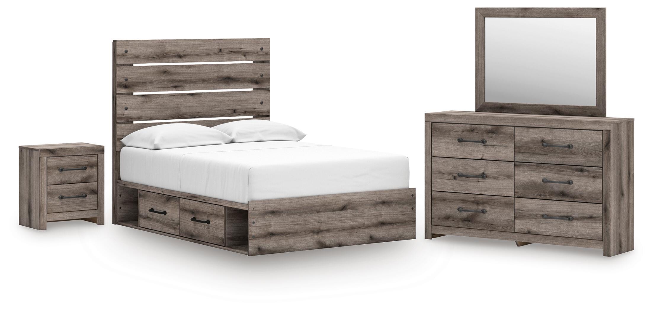 Graystorm Panel Storage Bed, Dresser, Mirror and Nightstand