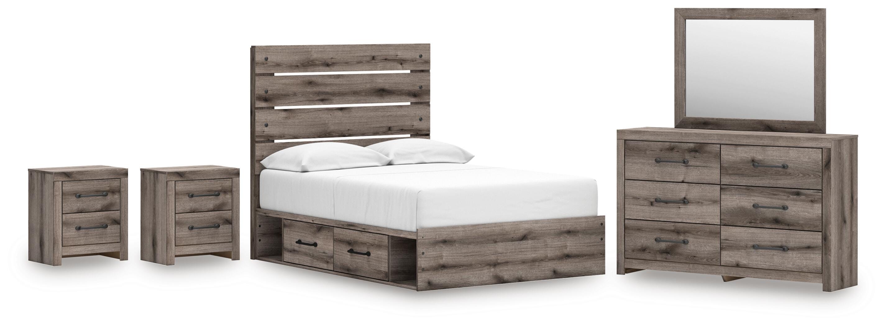 Graystorm Panel Storage Bed, Dresser, Mirror and 2 Nightstands