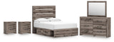Graystorm Panel Storage Bed, Dresser, Mirror and 2 Nightstands