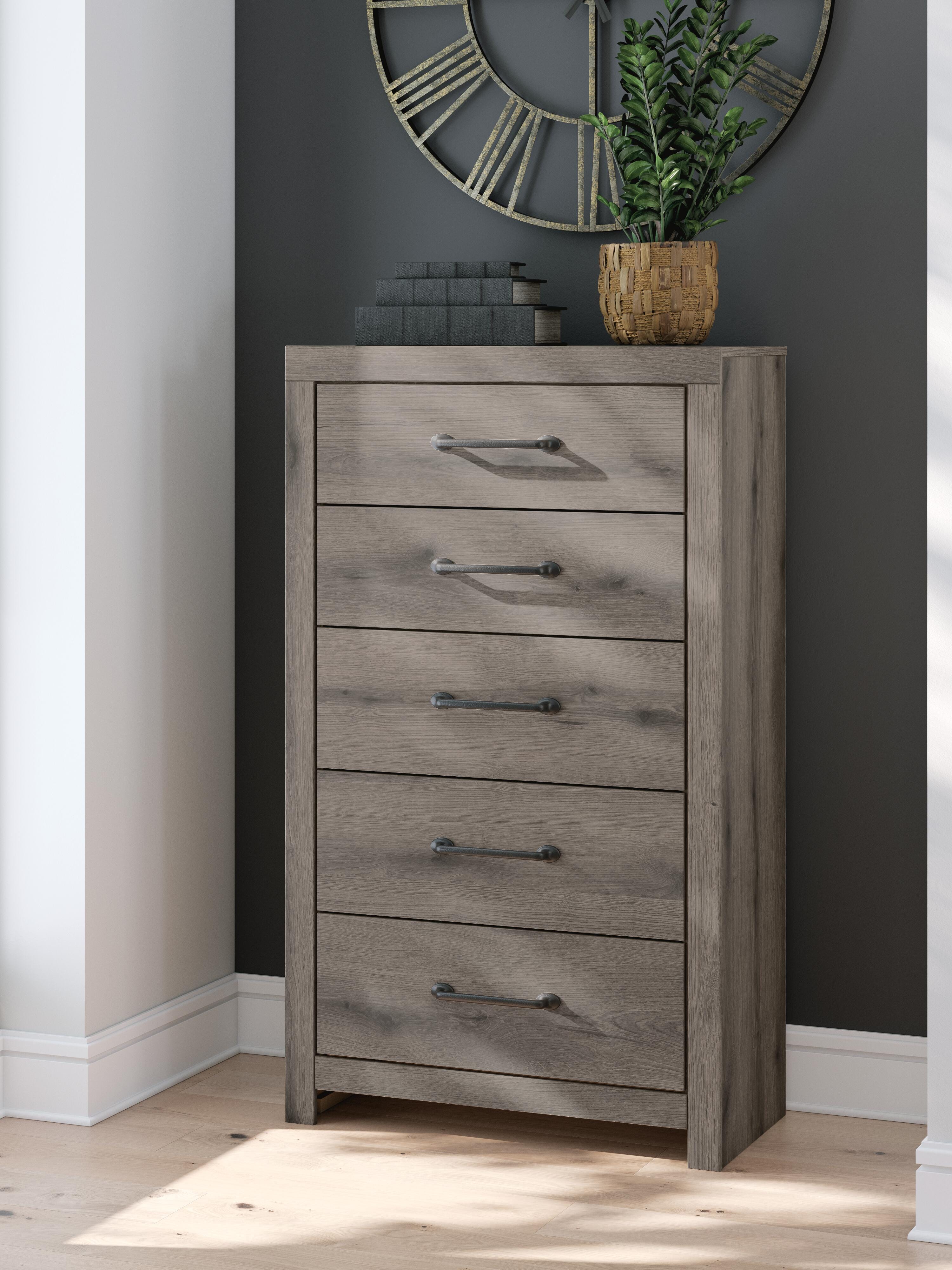 Graystorm Panel Bed with Storage, Dresser, Mirror, Chest and Nightstand