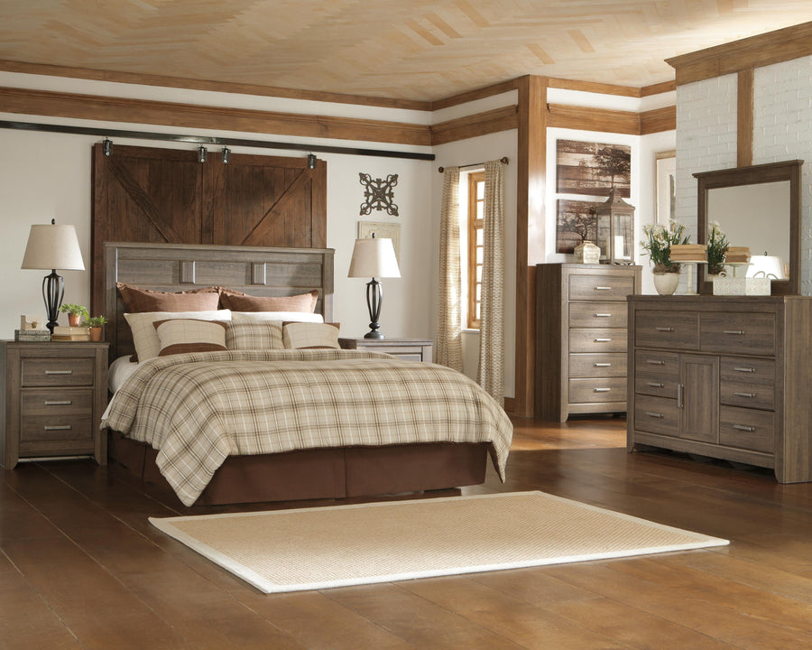 Juararo Panel Headboard with Mirrored Dresser, Chest and Nightstand