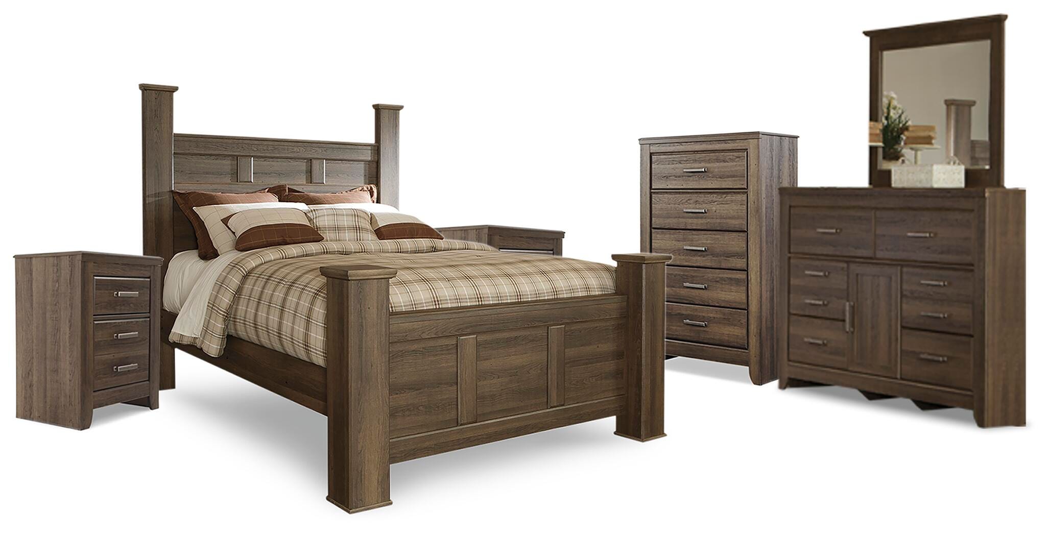 Juararo Poster Bed, Dresser, Mirror, Chest and 2 Nightstands