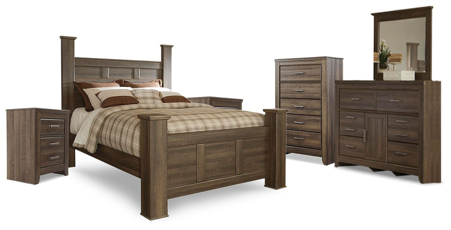 Juararo Poster Bed, Dresser, Mirror, Chest and 2 Nightstands