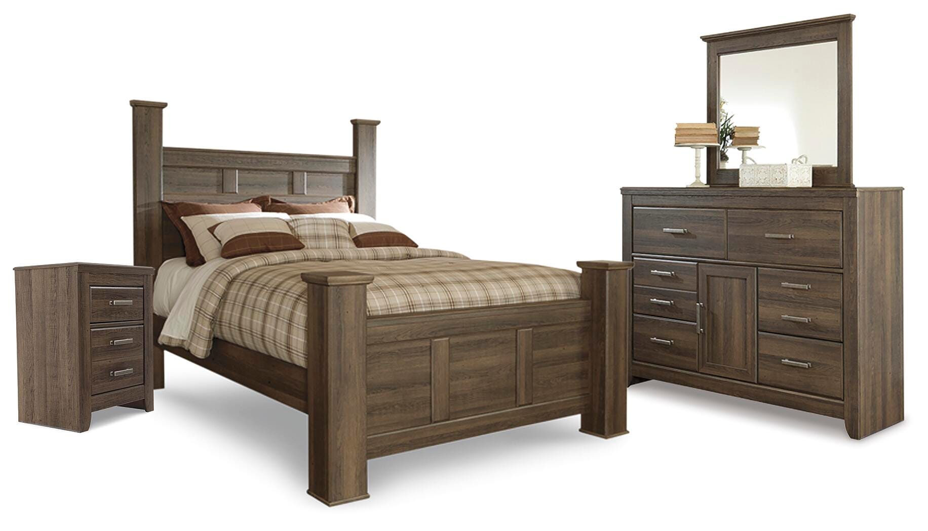 Juararo Poster Bed with Mirrored Dresser and Nightstand