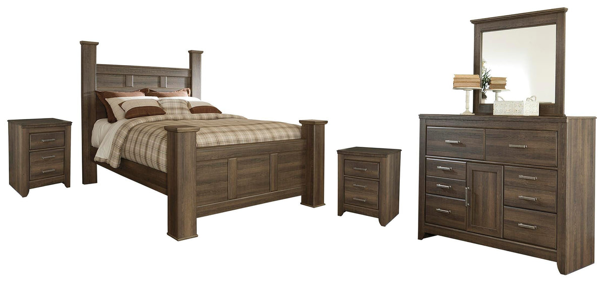 Juararo Poster Bed with Mirrored Dresser and 2 Nightstands