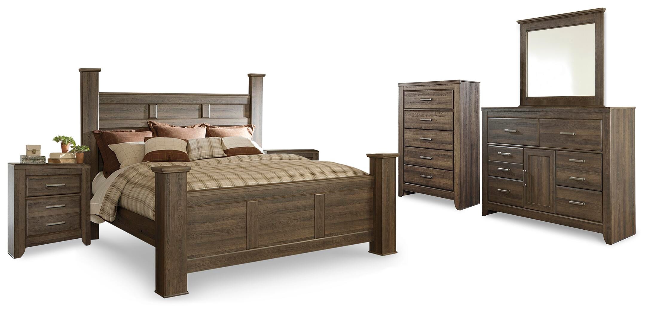 Juararo Poster Bed, Dresser, Mirror, Chest and 2 Nightstands