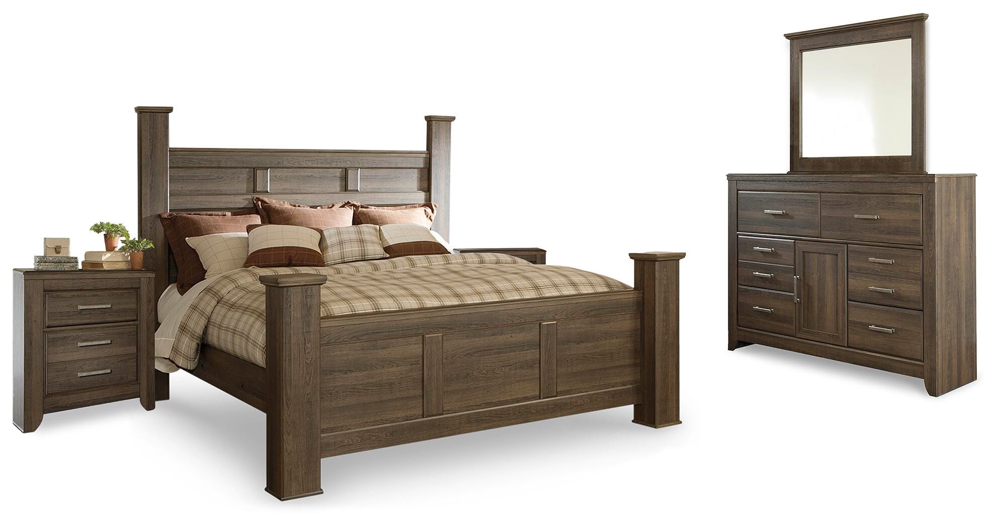 Juararo Poster Bed with Mirrored Dresser and 2 Nightstands