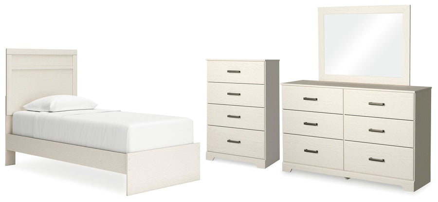 Stelsie Panel Bed with Mirrored Dresser and Chest