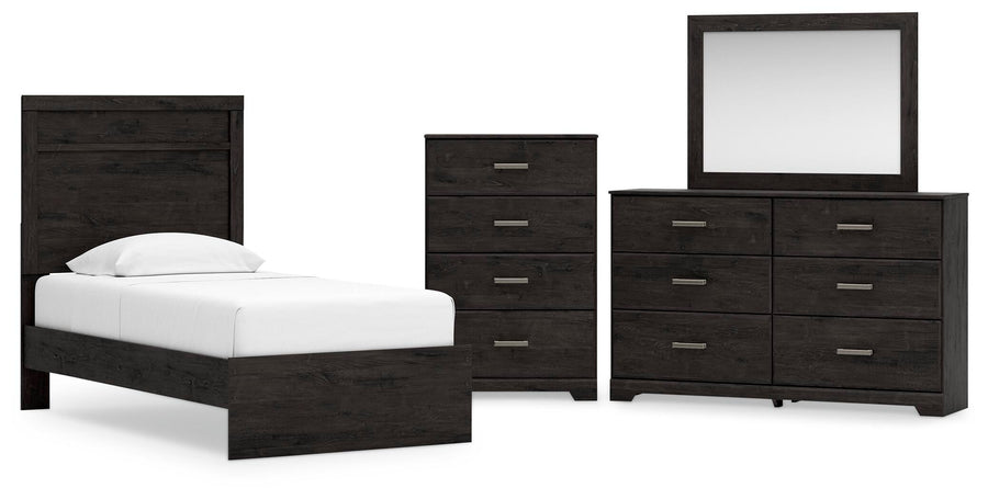 Belachime Panel Bed with Mirrored Dresser and Chest