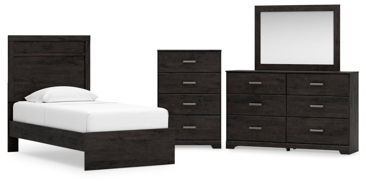 Belachime Panel Bed with Mirrored Dresser and Chest
