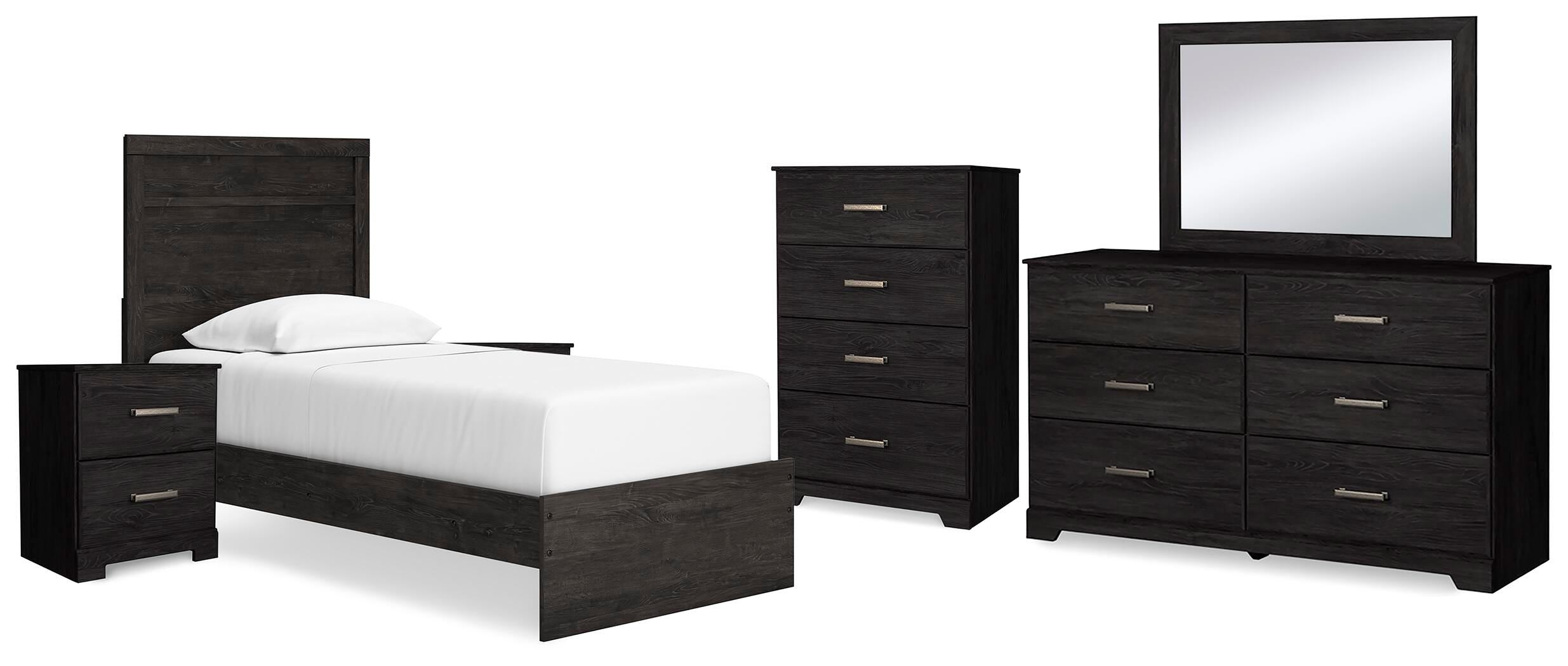 Belachime Panel Bed with Mirrored Dresser, Chest and 2 Nightstands