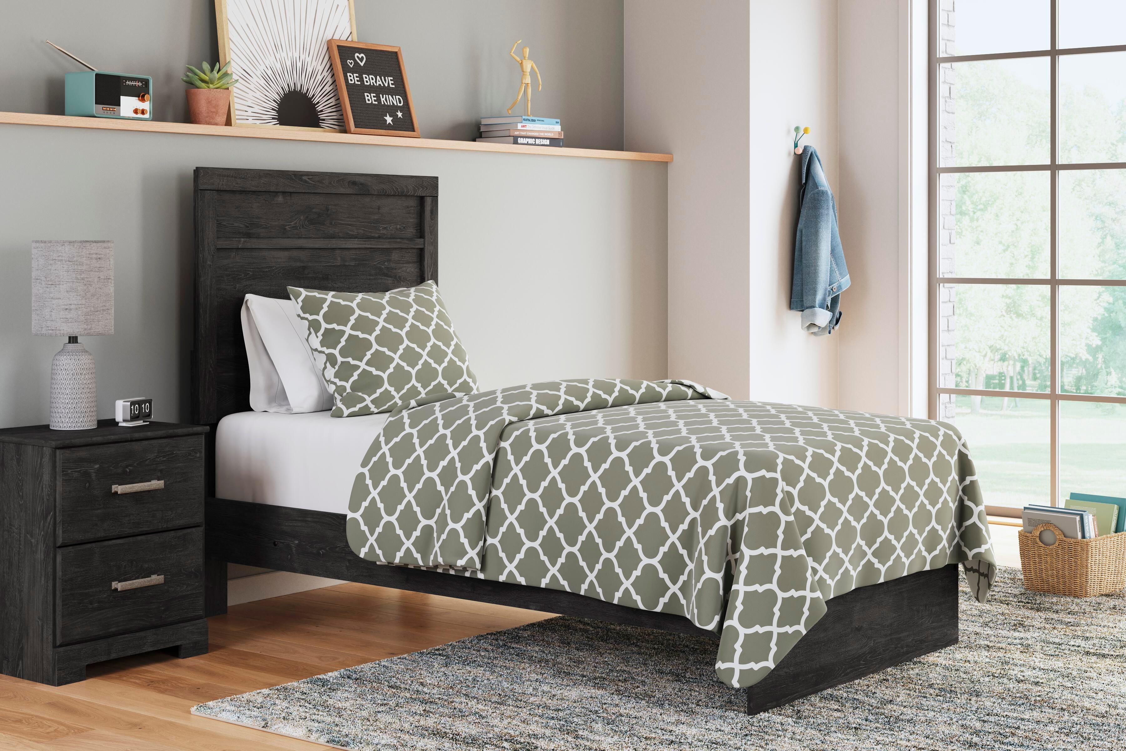Belachime Panel Bed with Mirrored Dresser and Nightstand