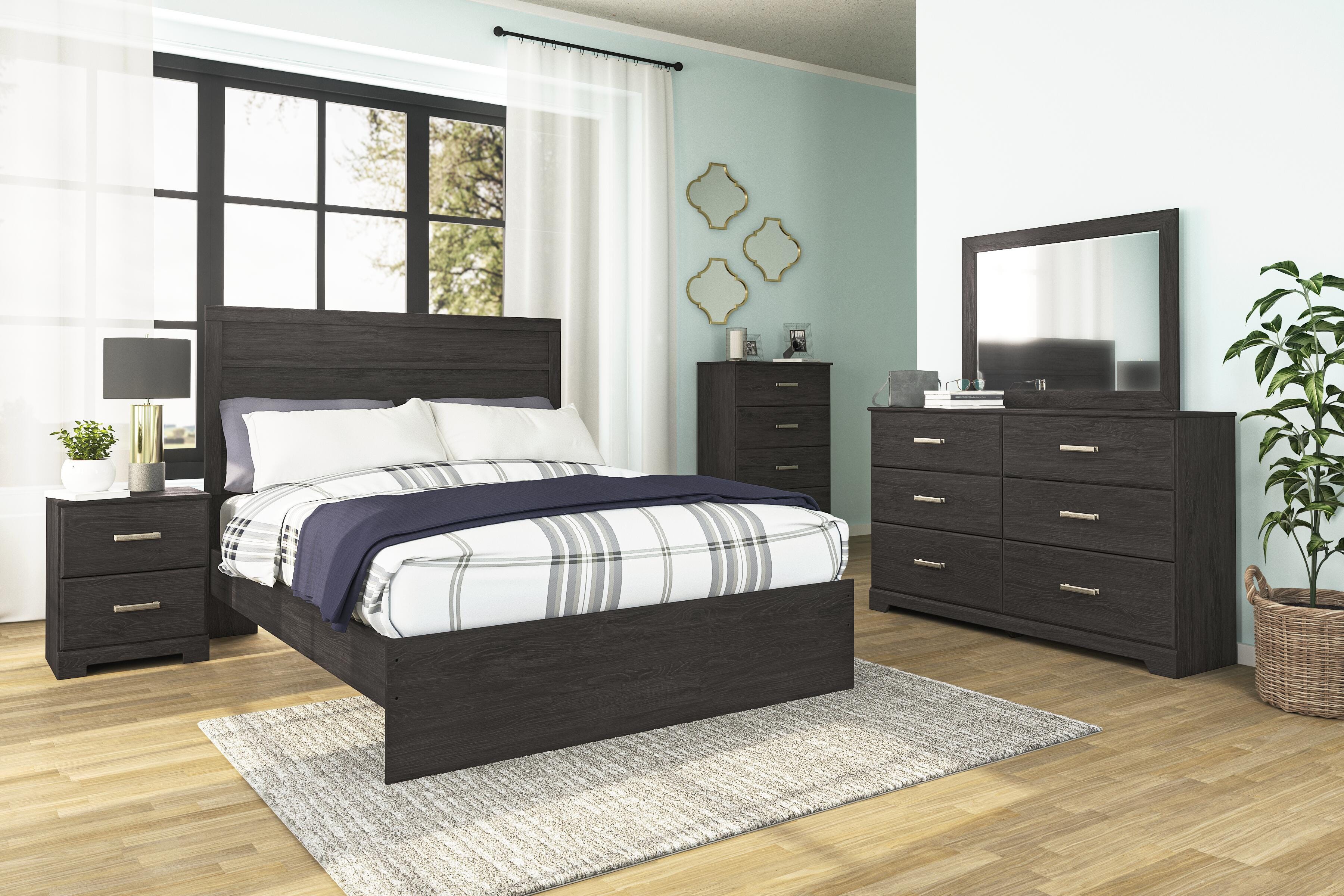 Belachime Panel Bed with Mirrored Dresser and Chest