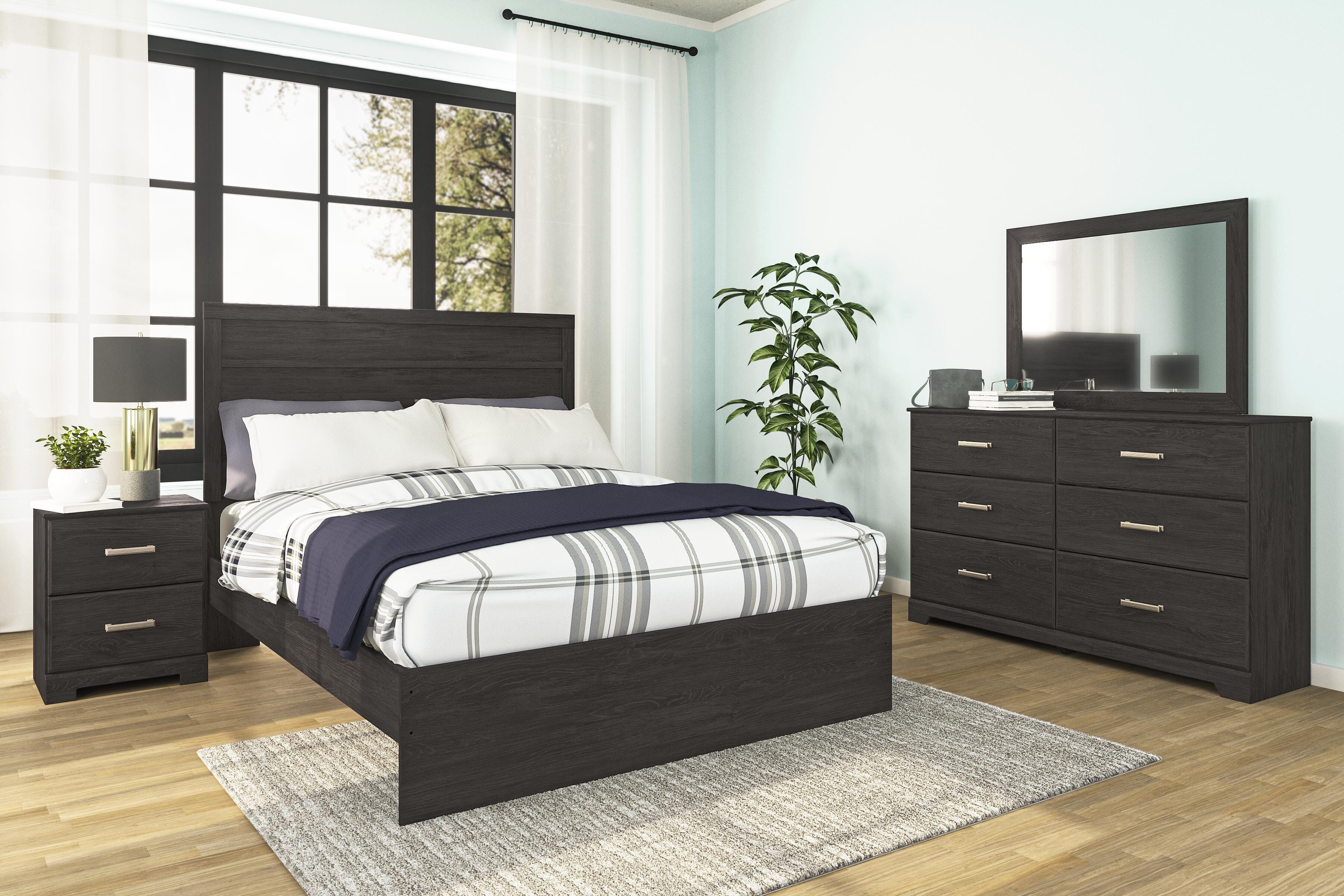 Belachime Panel Bed with Mirrored Dresser and Nightstand