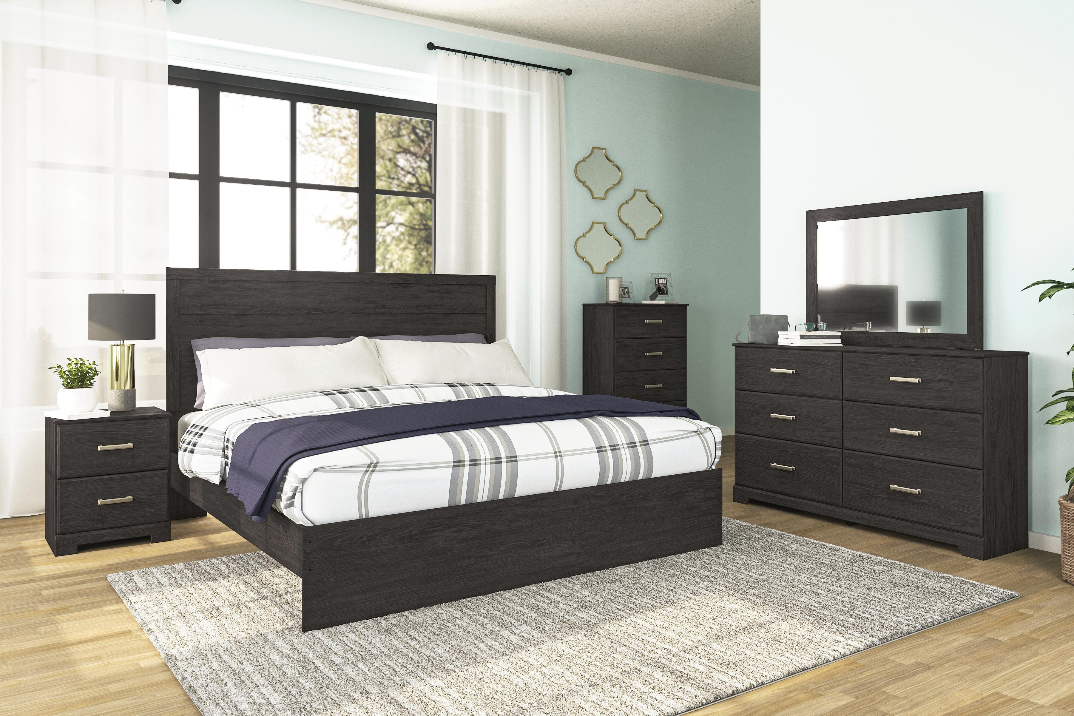 Belachime Panel Bed with Mirrored Dresser, Chest and 2 Nightstands