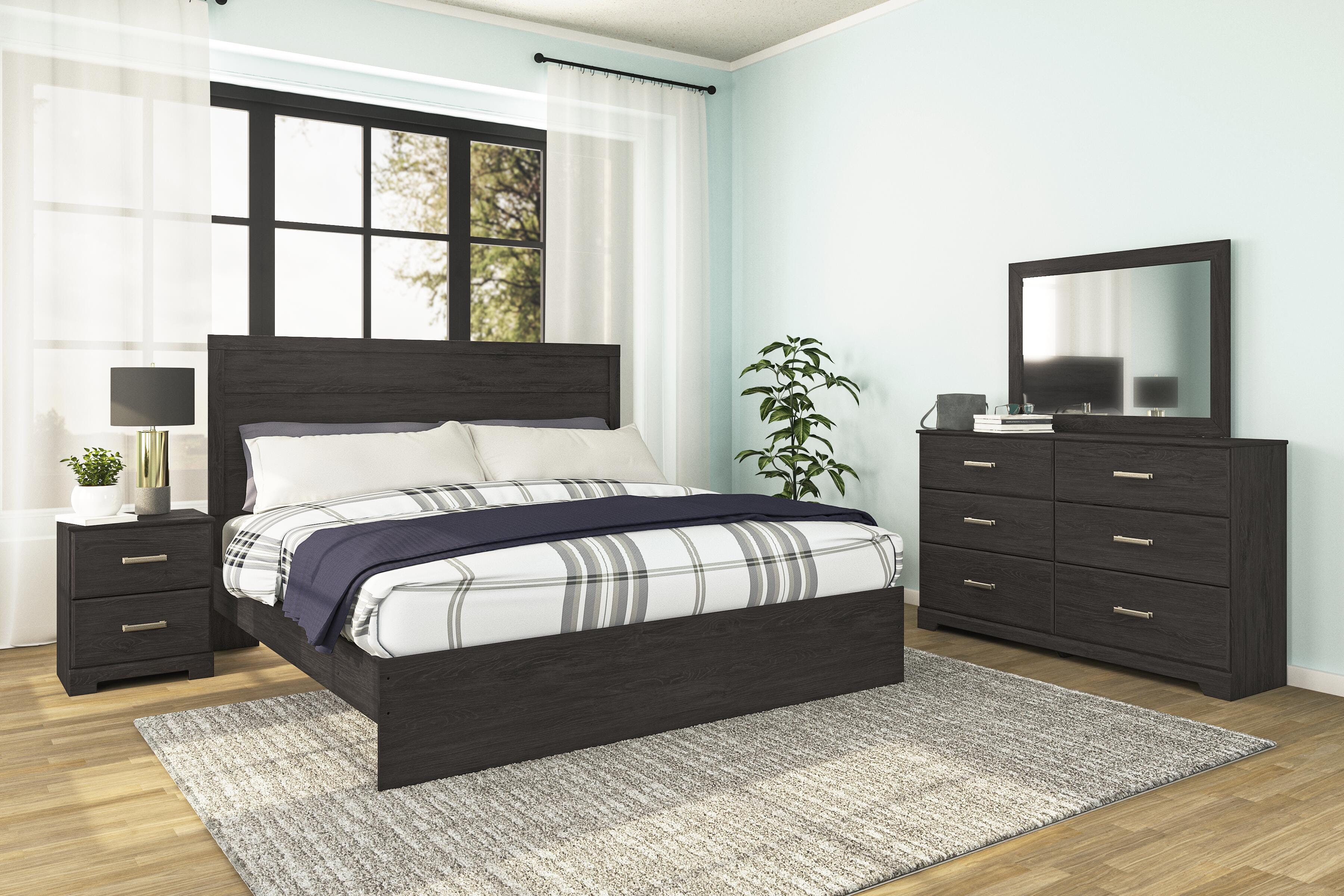 Belachime Panel Bed with Mirrored Dresser and Nightstand