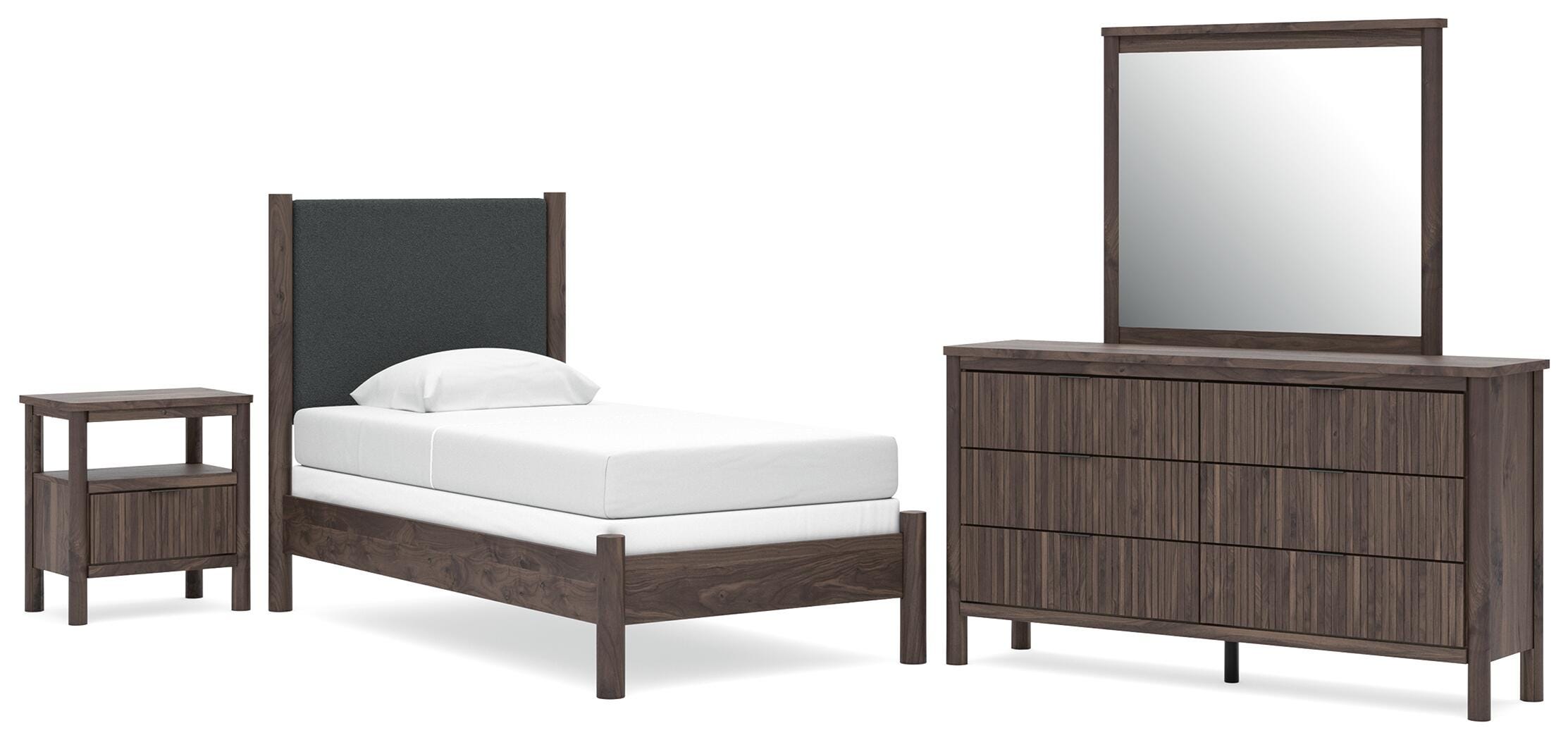 Pamytta Upholstered Panel Bed, Dresser, Mirror, Chest and Nightstand