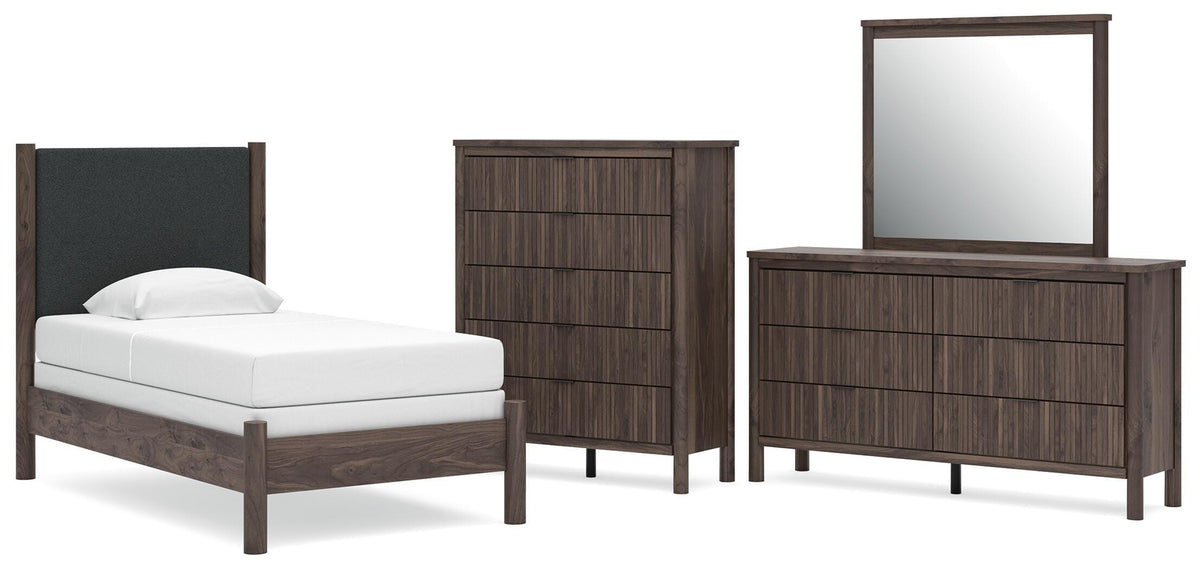 Pamytta Upholstered Panel Bed, Dresser, Mirror and Chest
