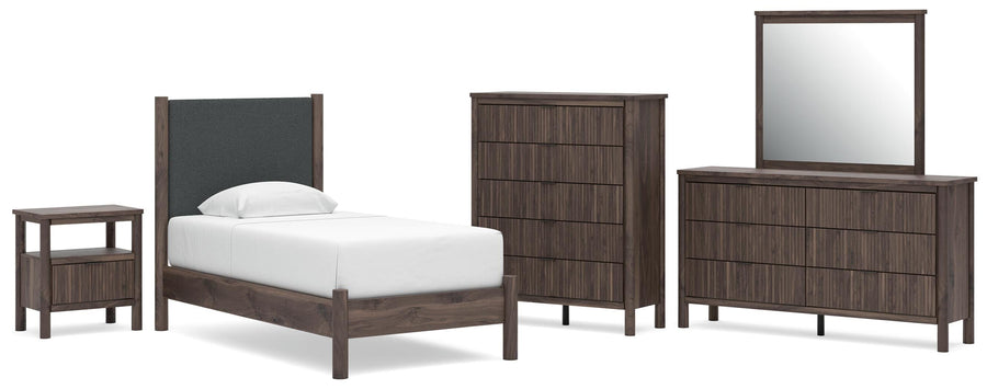 Pamytta Upholstered Panel Platform Bed, Dresser, Mirror, Chest and Nightstand