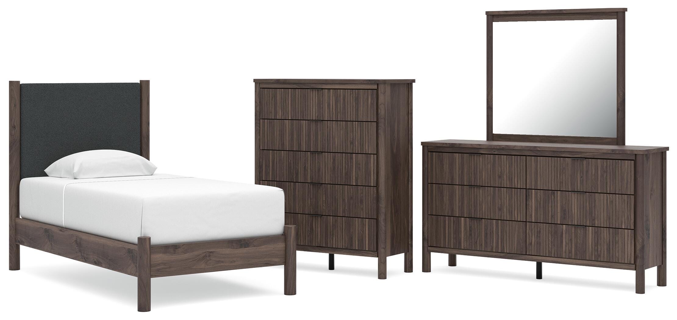 Pamytta Upholstered Panel Platform Bed, Dresser, Mirror and Chest