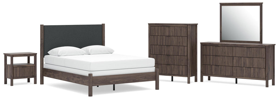 Pamytta Upholstered Panel Bed, Dresser, Mirror, Chest and Nightstand