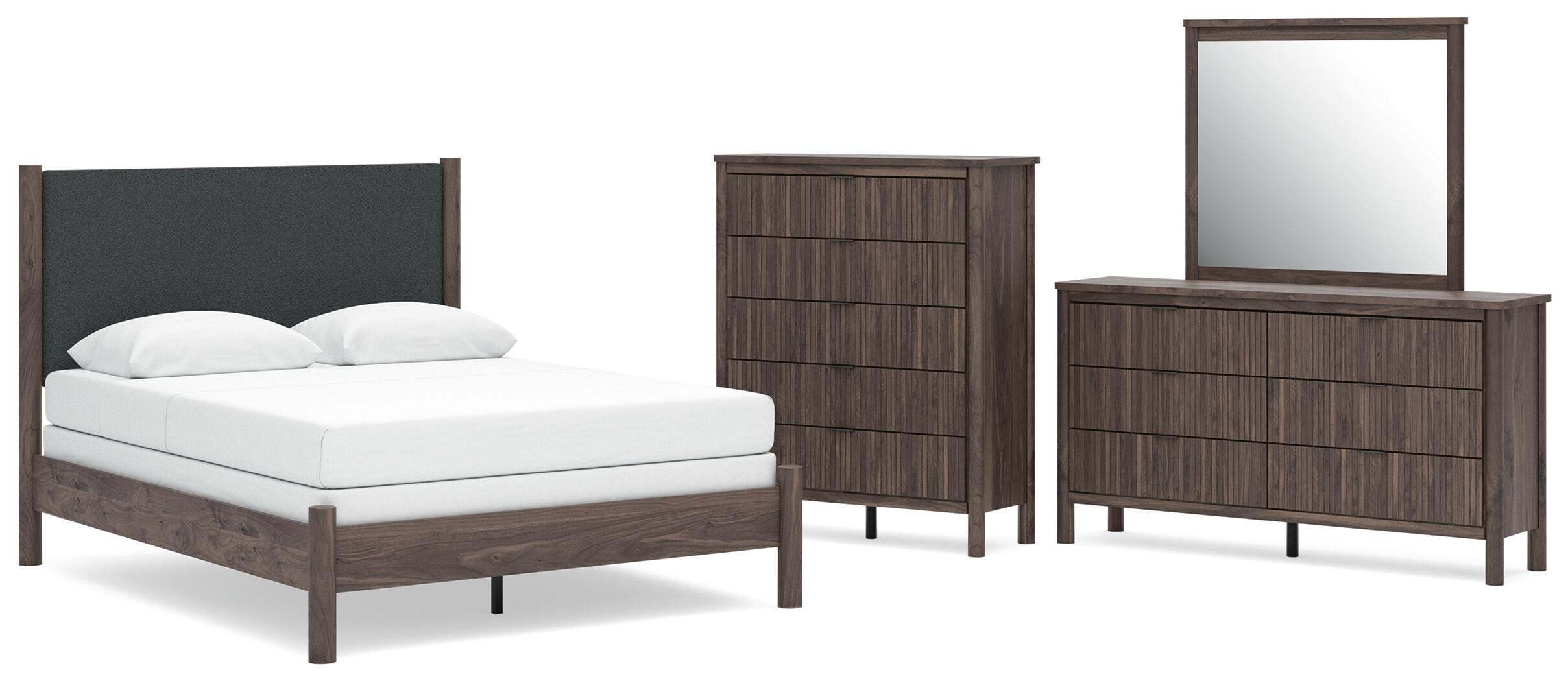 Pamytta Upholstered Panel Bed, Dresser, Mirror and Chest