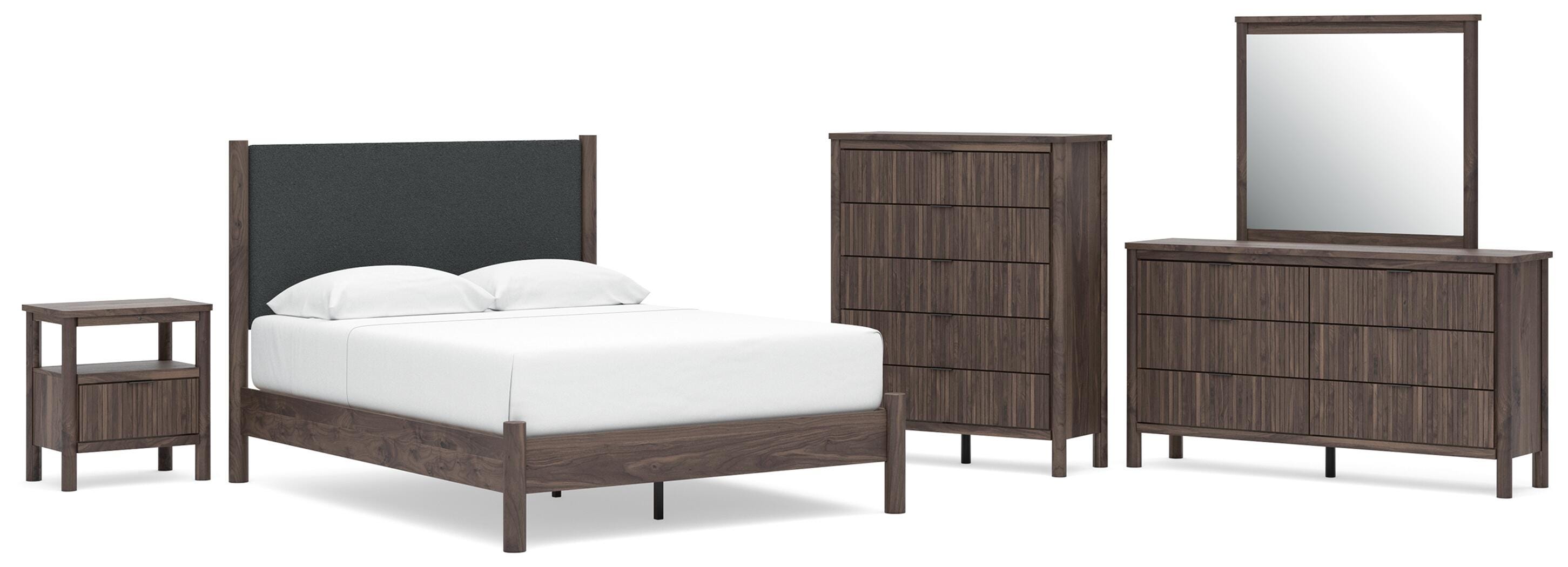 Pamytta Upholstered Panel Platform Bed, Dresser, Mirror, Chest and Nightstand