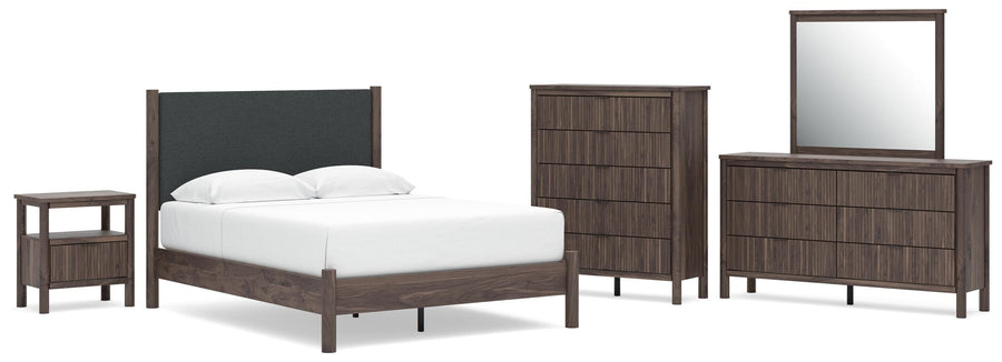 Pamytta Upholstered Panel Platform Bed, Dresser, Mirror, Chest and Nightstand