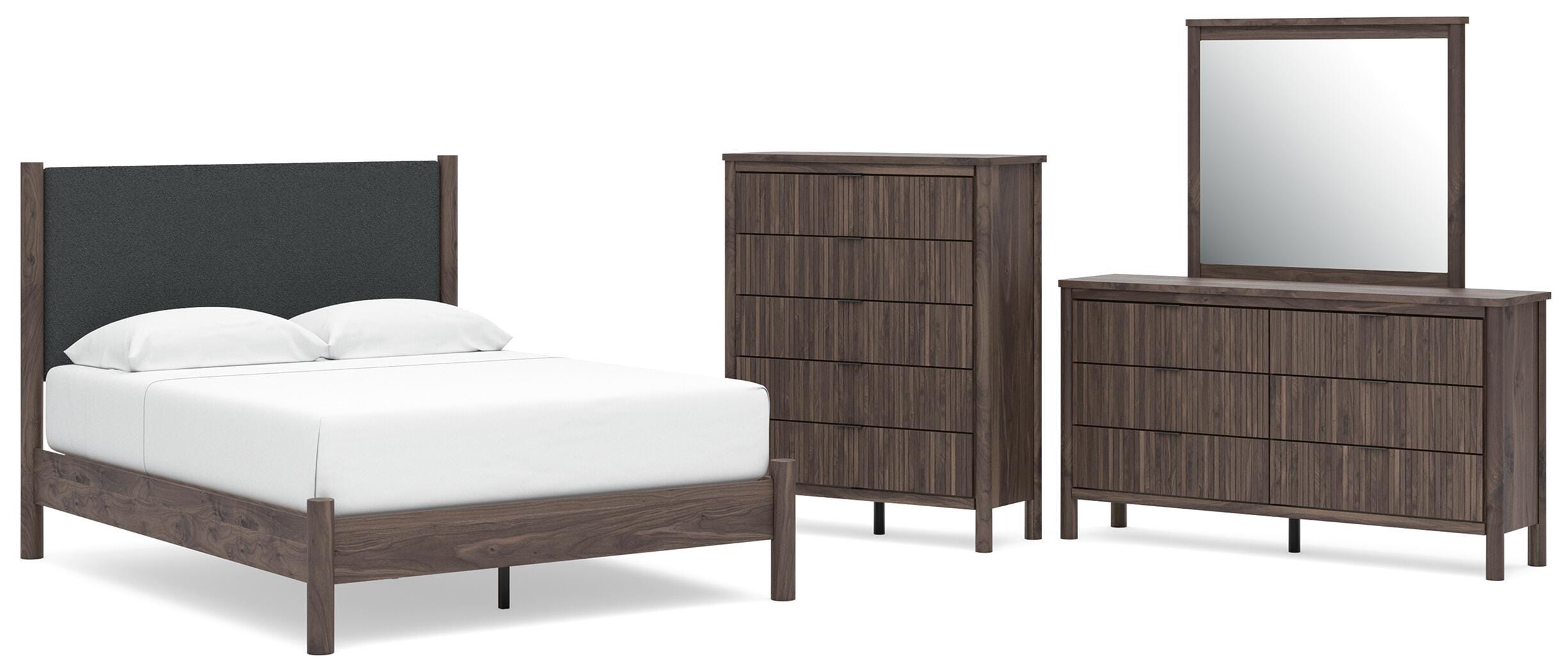 Pamytta Upholstered Panel Platform Bed, Dresser, Mirror and Chest