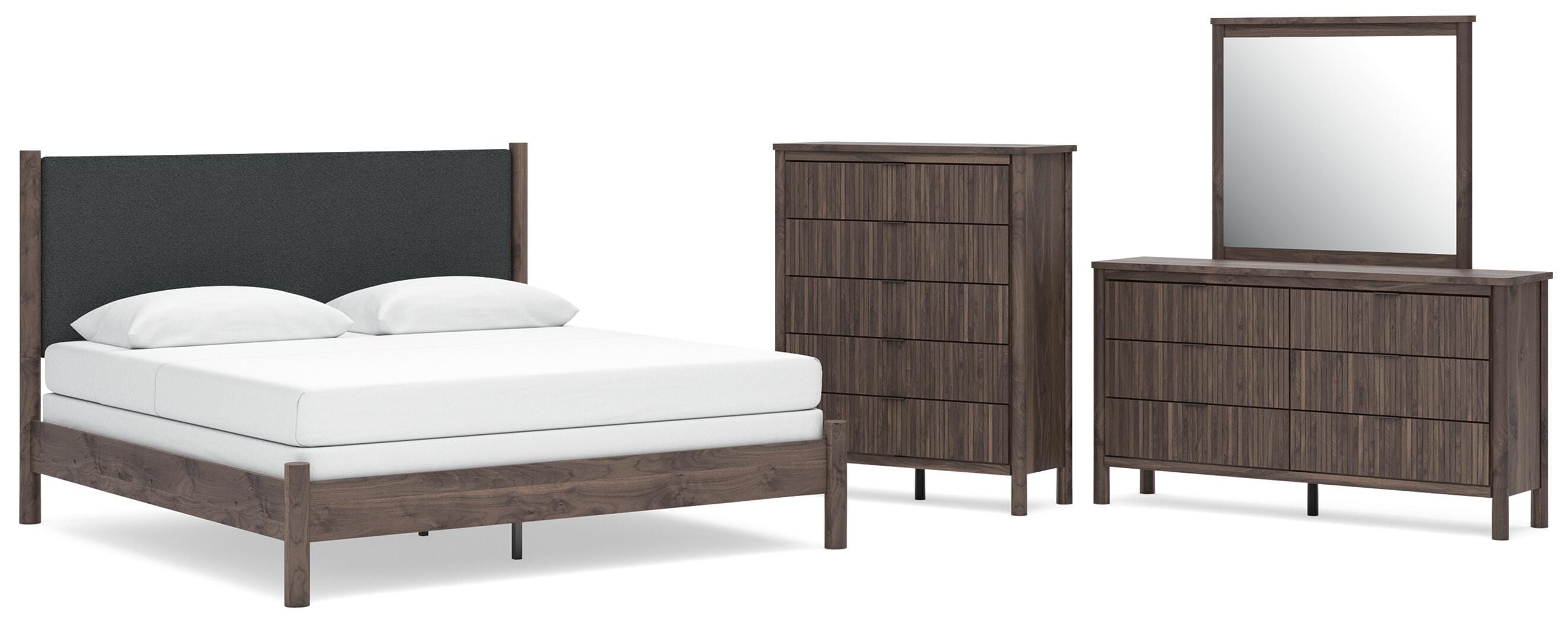 Pamytta Upholstered Panel Bed, Dresser, Mirror and Chest