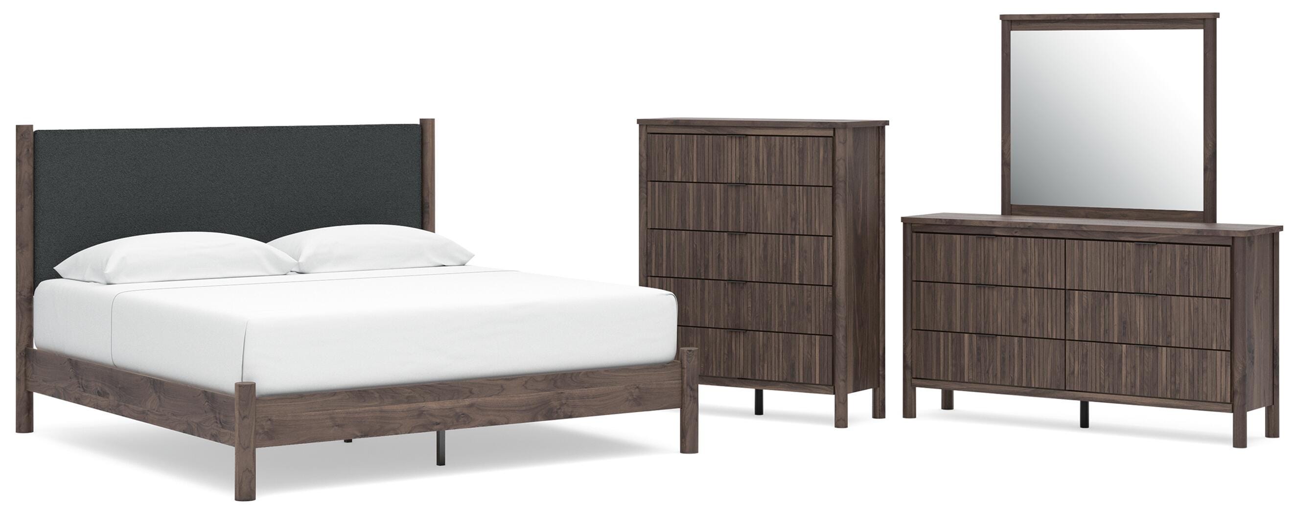 Pamytta Upholstered Panel Platform Bed, Dresser, Mirror and Chest