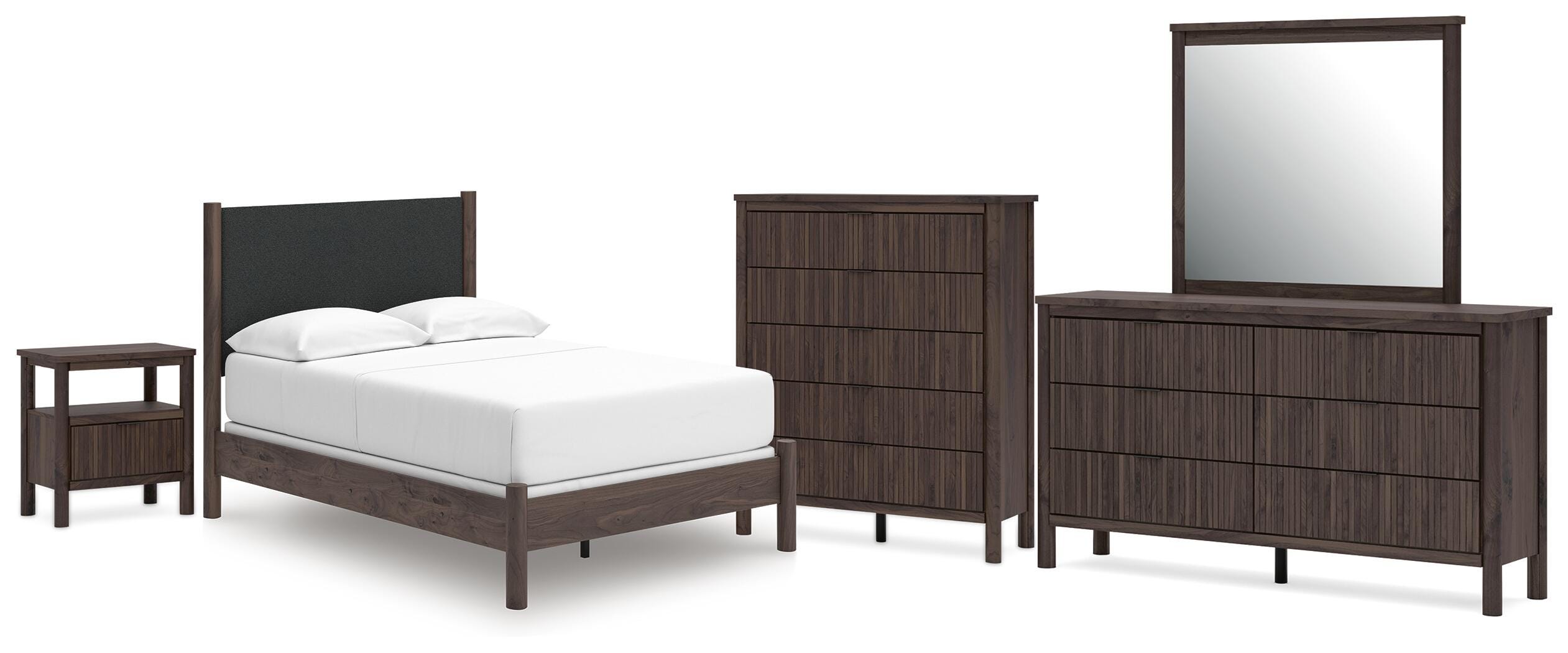 Pamytta Upholstered Panel Bed, Dresser, Mirror, Chest and Nightstand