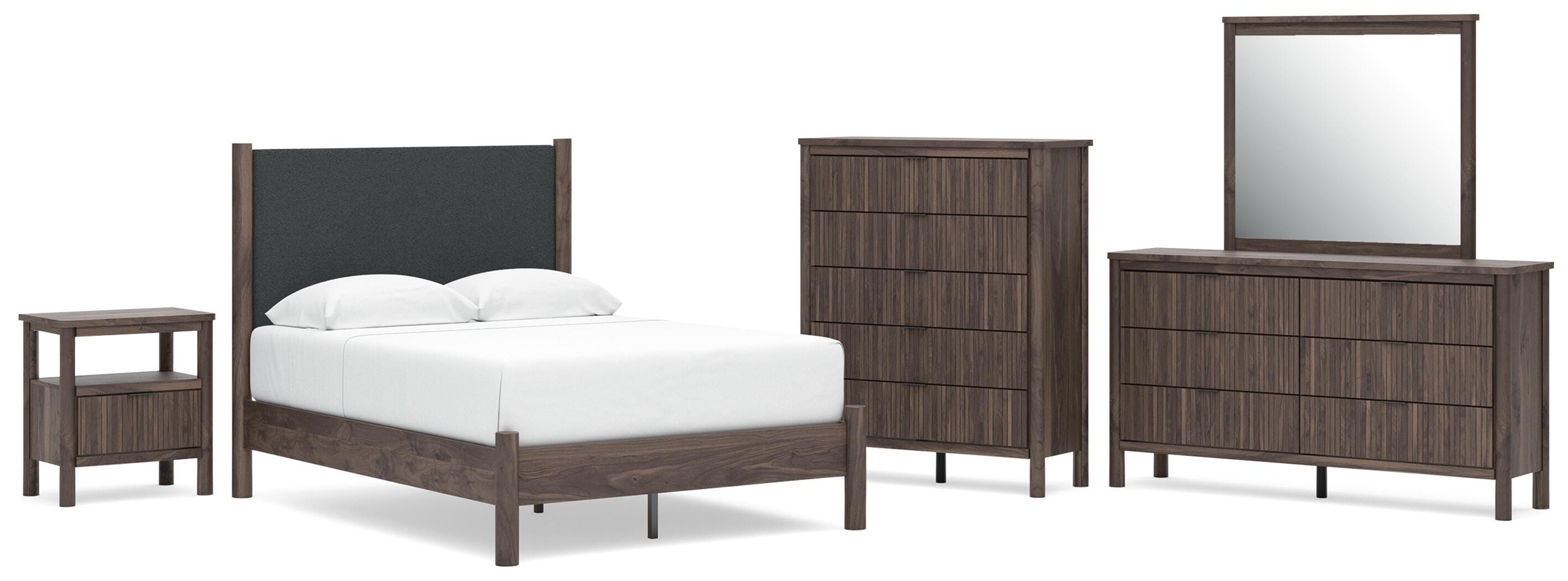 Pamytta Upholstered Panel Platform Bed, Dresser, Mirror, Chest and Nightstand