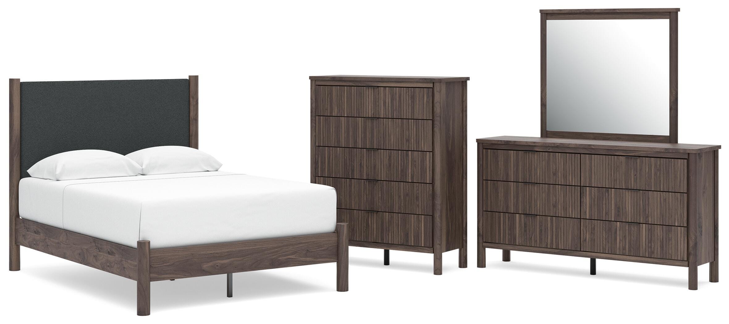 Pamytta Upholstered Panel Platform Bed, Dresser, Mirror and Chest