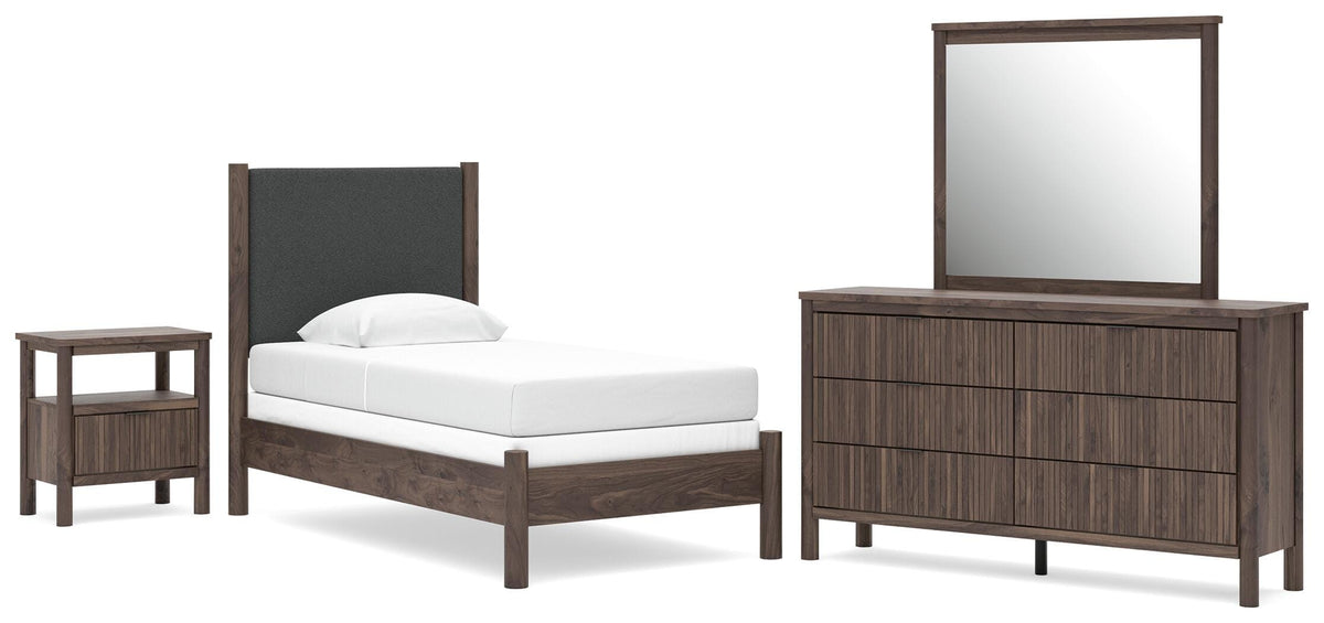 Pamytta Upholstered Panel Bed, Dresser, Mirror and Nightstand