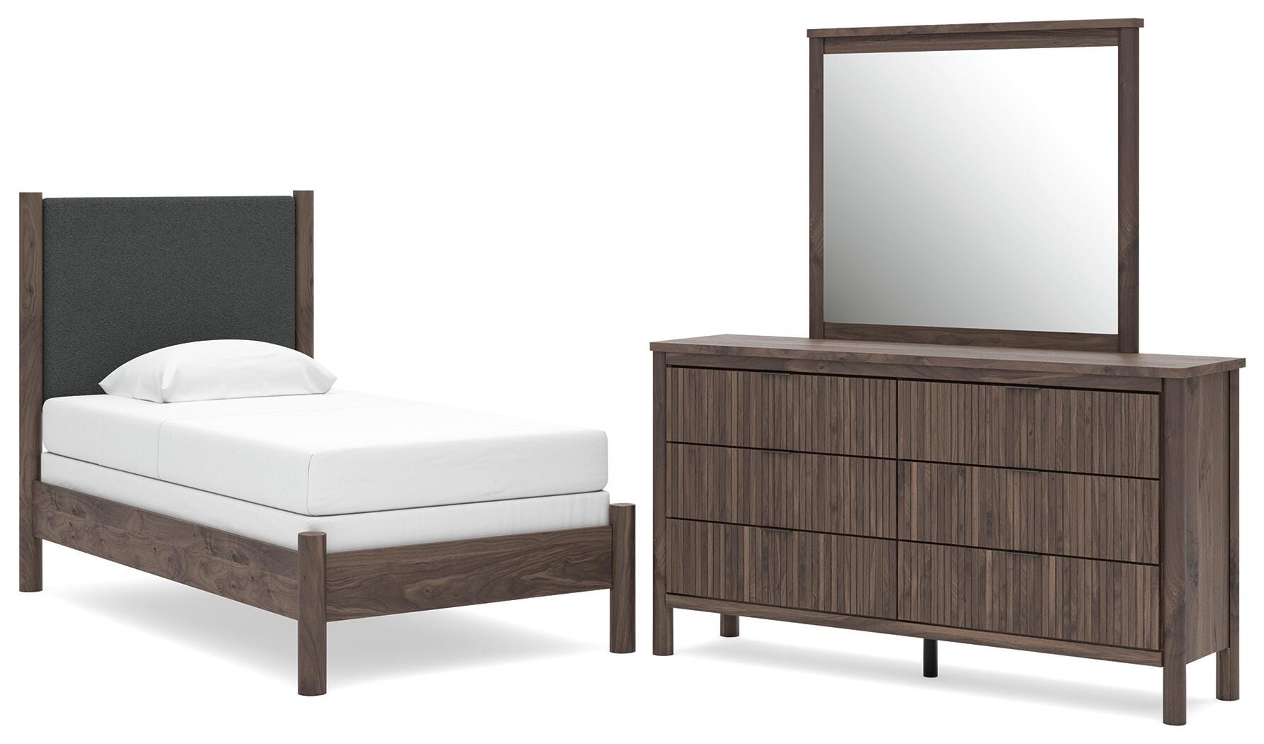 Pamytta Upholstered Panel Bed, Dresser and Mirror