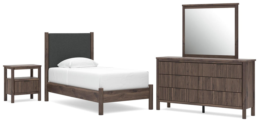 Pamytta Upholstered Panel Platform Bed, Dresser, Mirror and Nightstand
