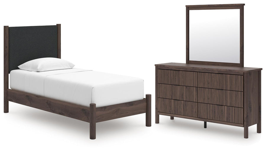 Pamytta Upholstered Platform Bed, Dresser and Mirror