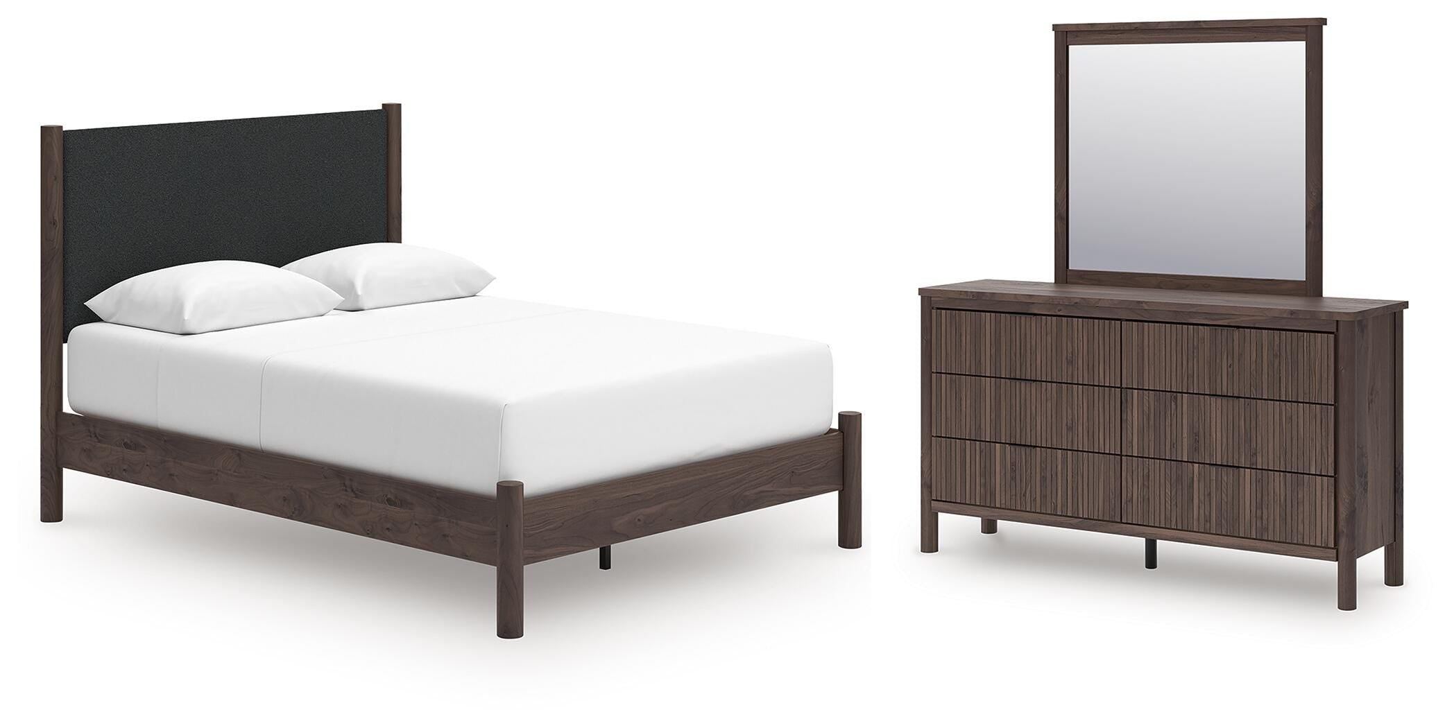 Pamytta Upholstered Platform Bed, Dresser and Mirror