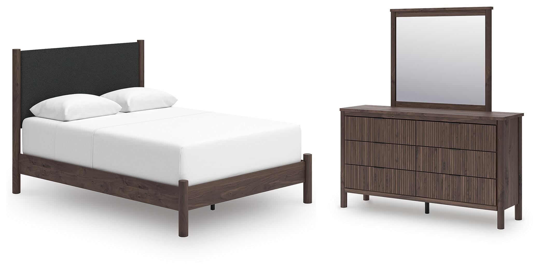 Pamytta Upholstered Panel Bed, Dresser and Mirror