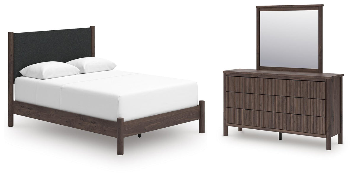 Pamytta Upholstered Panel Bed, Dresser and Mirror
