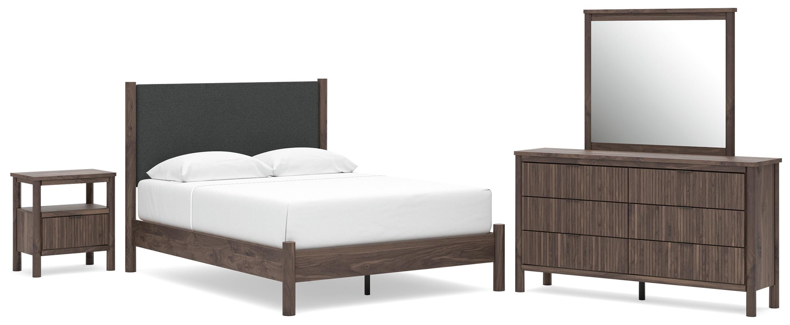 Pamytta Upholstered Panel Platform Bed, Dresser, Mirror and Nightstand