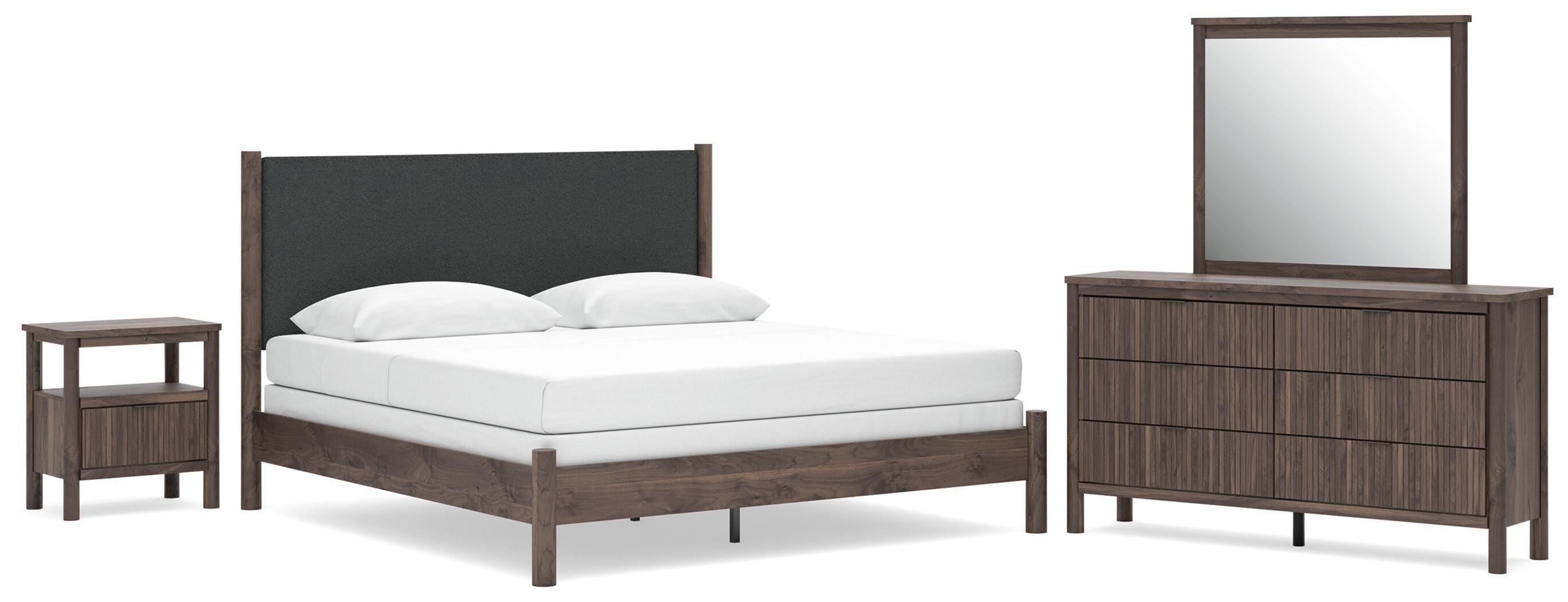 Pamytta Upholstered Panel Bed, Dresser, Mirror and Nightstand