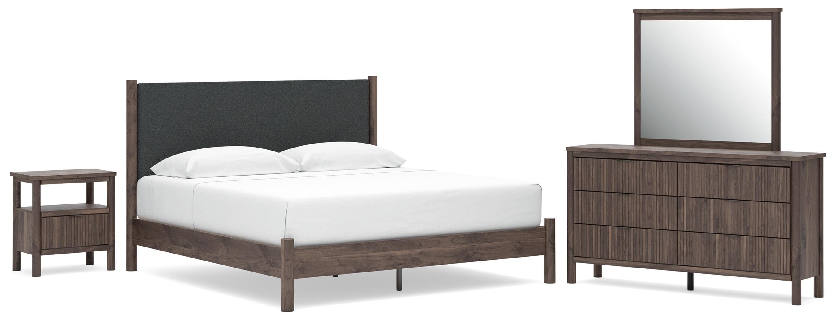 Pamytta Upholstered Panel Platform Bed, Dresser, Mirror and Nightstand