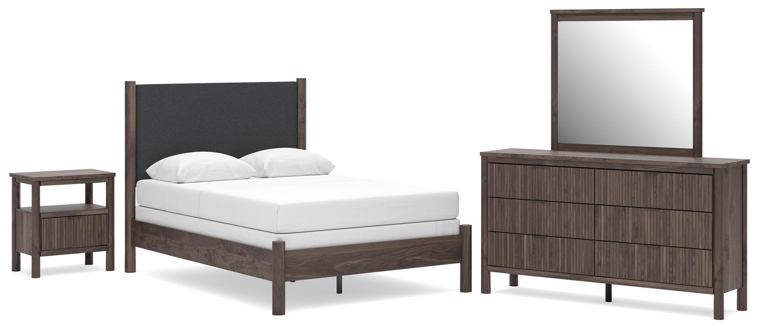 Pamytta Upholstered Panel Bed, Dresser, Mirror and Nightstand