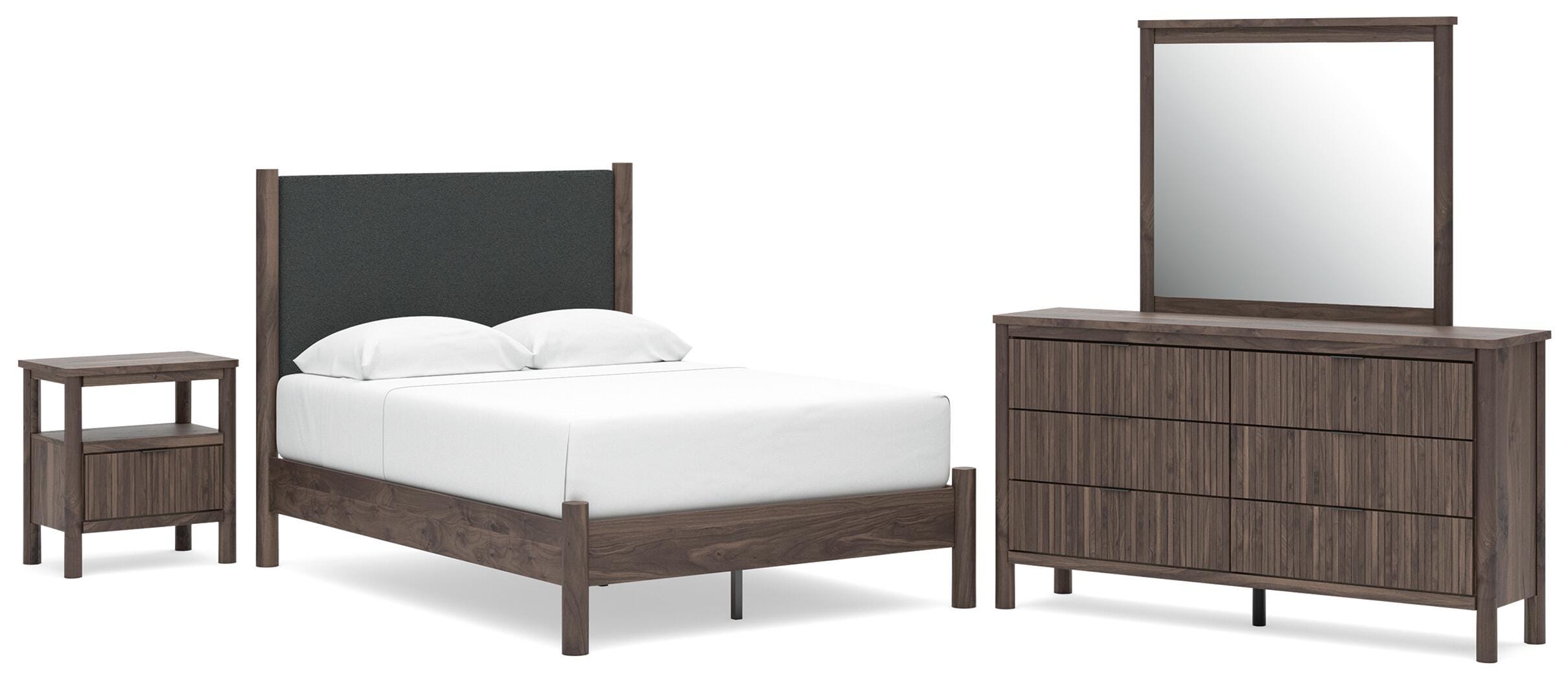 Pamytta Upholstered Panel Platform Bed, Dresser, Mirror and Nightstand