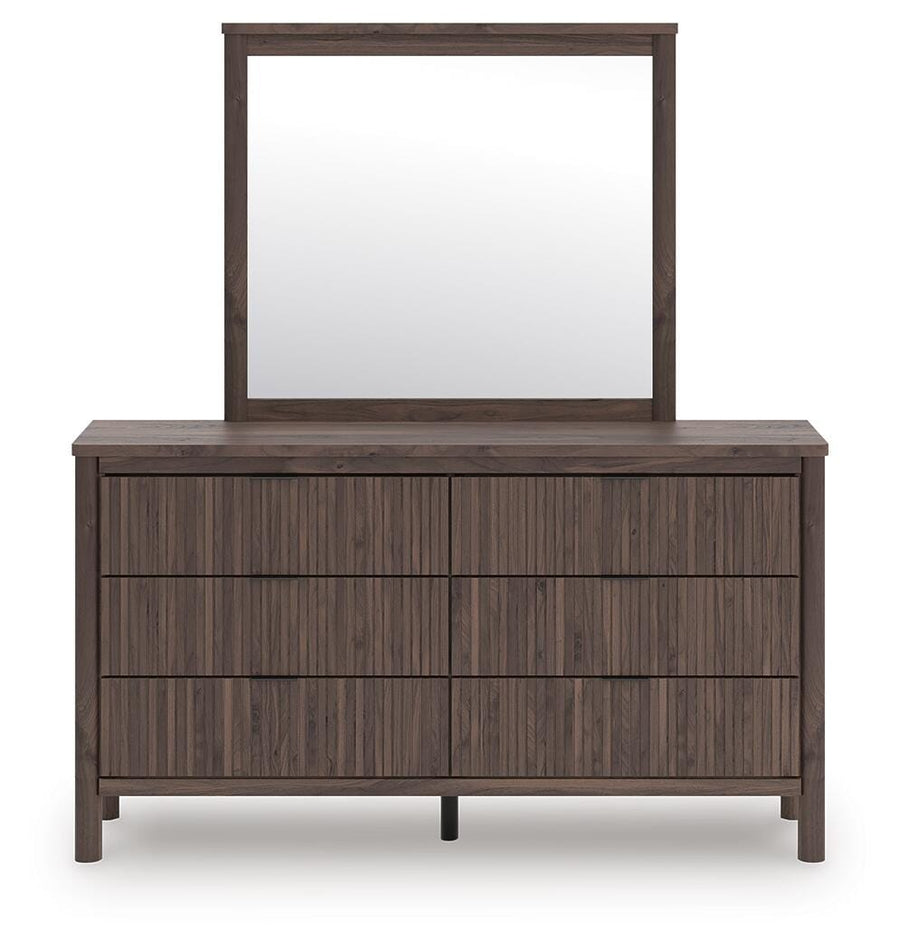 Pamytta Upholstered Panel Platform Bed, Dresser, Mirror and Nightstand