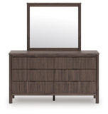 Pamytta Upholstered Panel Platform Bed, Dresser, Mirror and Nightstand